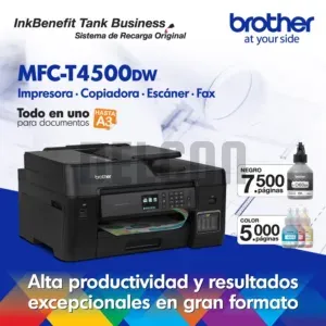 Impresora Brother MFC-T4500DW A3 Multifuncional, Funciones Impresión / Copia / Escaneado, ADF Dúplex, Con Pantalla LCD Táctil a Color De 2,7".